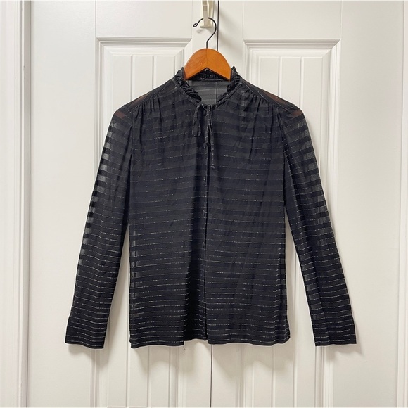 Vintage Italian Sheer Shimmer Button-Up Ribbon Blouse Black Gold - Picture 1 of 16
